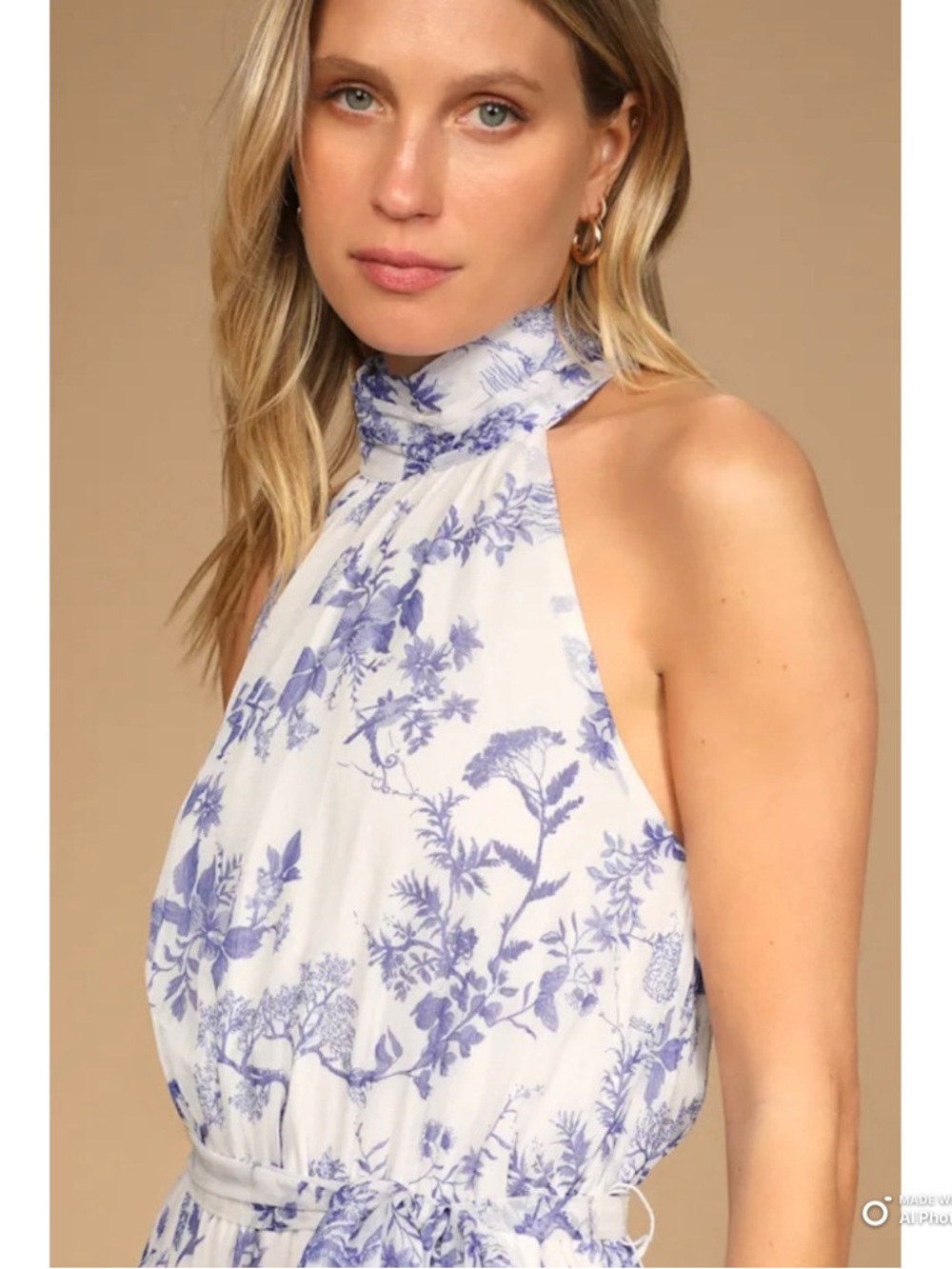 Lulus Small Float To You White & Blue Floral Print Halter Tiered Midi Dress NWT - Picture 4 of 17
